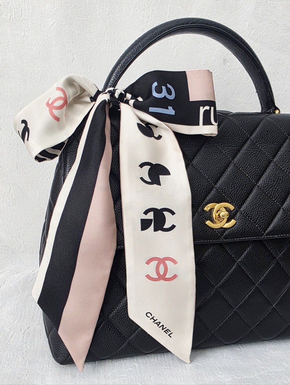 Auth CHANEL Coco Cambon Silk Twilly Scarf